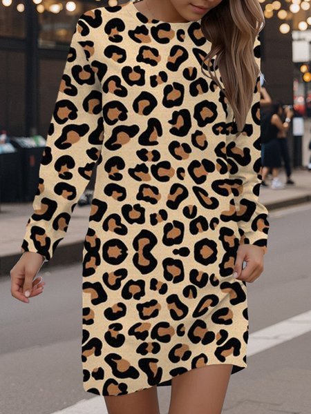 Women's Long Sleeve Spring/Fall Leopard Dress Crew Neck Daily Going Out Casual Mini H-Line Hip Skirt, Khaki, Dresses