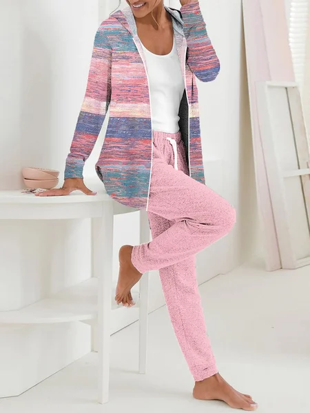 

Women Striped Hoodie Long Sleeve Comfy Casual Coat With Pants Two-Piece Set, Pink, Sets