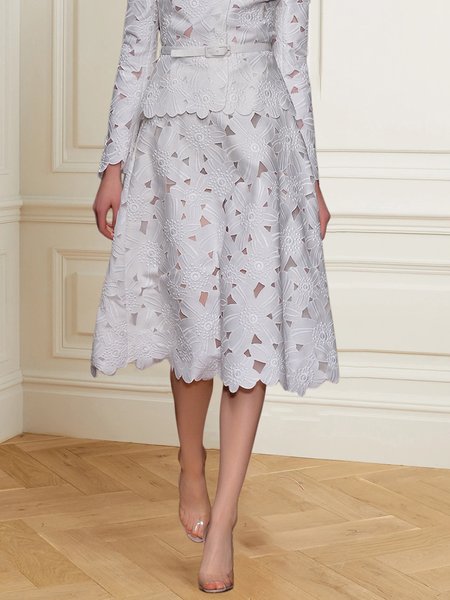 Elegant Hollow Out Plain Midi Skirt, White, Skirts