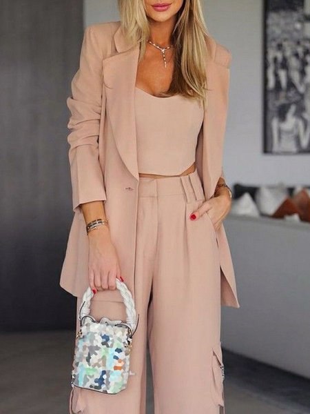 

Urban Plain Lapel Collar Blazer No Vest, Apricot, Blazers