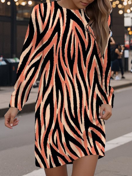 

Women's Long Sleeve Spring/Fall Zebra Dress Crew Neck Daily Going Out Casual Mini H-Line Hip Skirt, Pink, Dresses