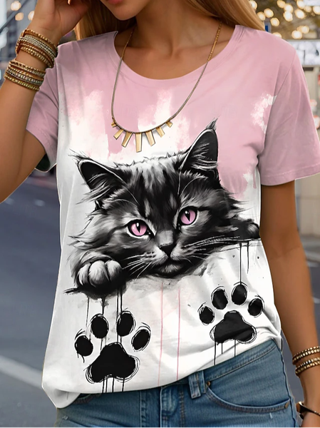 Cat Print Casual T-Shirt, Pink, T-shirts