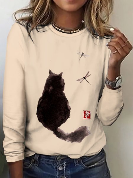 

Casual Animal Crew Neck Long Sleeve T-shirt, Khaki, T-shirts