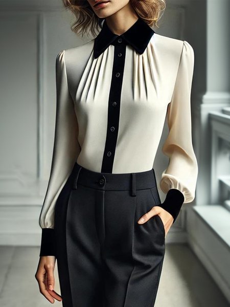 

Urban Color Block Shirt Collar Gathered Shirt, White, Blouses and Shirts