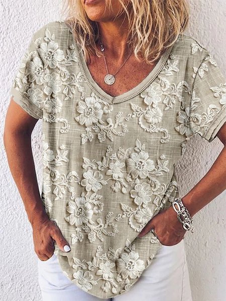 

Vintage 3D Floral Printing V Neck Short Sleeve T-shirt, As picture, T-shirts