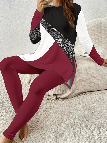 

Women's Jersey Color Block Daily Going Out Two Piece Set Long Sleeve Casual Spring/Fall Top With Pants Matching Set, Wine red, Suit Set
