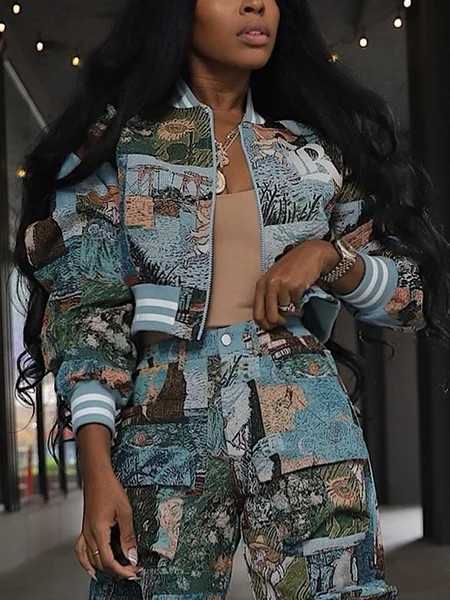 

Urban Random Print Loosen Stand Collar Jacket, As picture, Jackets