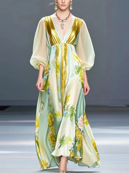Vacation Floral Balloon Sleeve V Neck Maxi Dress, As picture, Maxi Dresses