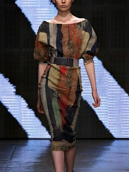

Urban Random Print Balloon Sleeve Printing Boat Neck Midi Dress With Belt, As picture, Midi Dresses