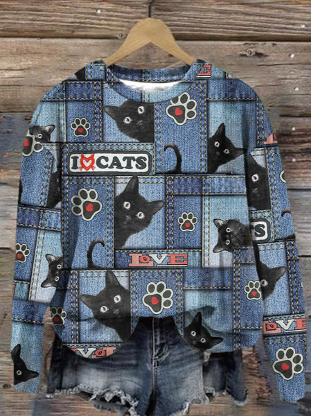 

Women's Crew Neck Cat Casual Spring/Fall Long Sleeve Sweatshirt, Blue, Sweatshirts & Hoodies