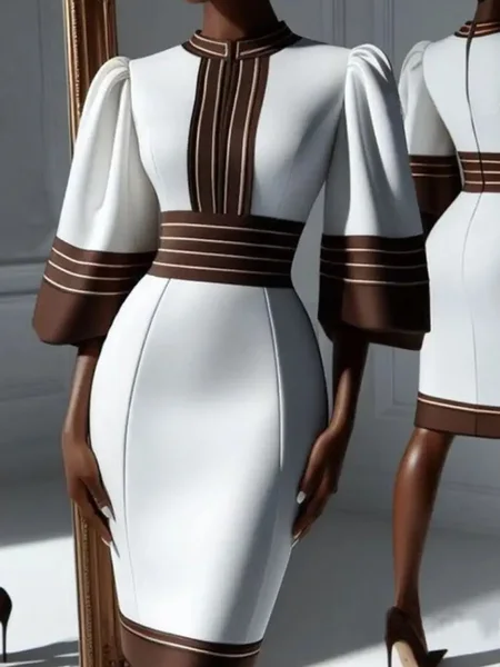 

Urban Striped Puff Sleeve Printing Stand Collar Knee Length Dress, As picture, Midi Dresses