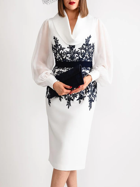 

Elegant Paisley Balloon Sleeve Printing Midi Dress With Belt, White, Midi Dresses