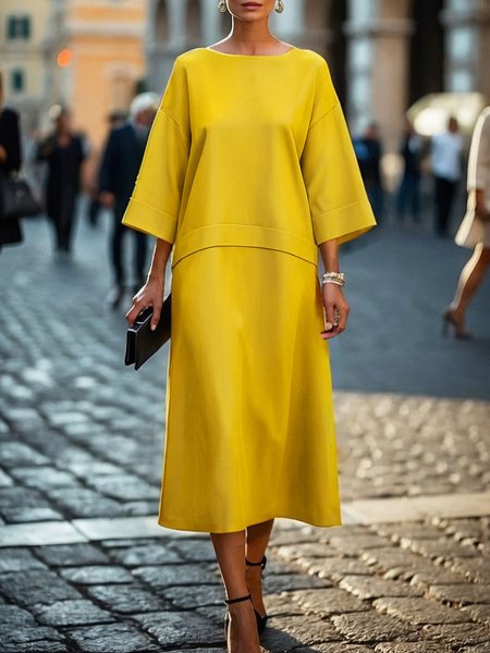 

Urban Plain Three Quarter Sleeve Crew Neck Midi Dress, Yellow, Midi Dresses
