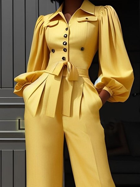 

Urban Plain Shirt Collar Balloon Sleeve Shirt, Yellow, Blouses and Shirts