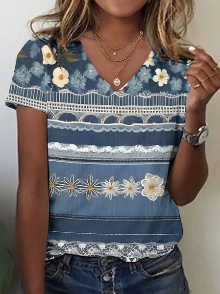 

Vintage Floral V Neck Short Sleeve T-shirt, Light blue, T-shirts