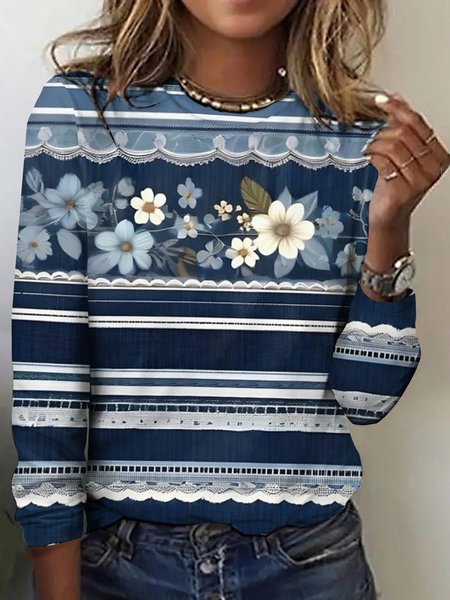 

Vintage striped floral color blocked long sleeved T-shirt, Light blue, Long sleeves