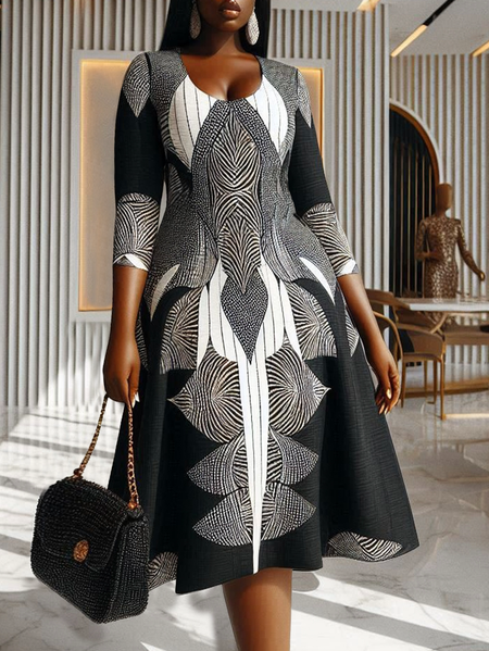 

Urban Ethnic Geometry Printing Midi Dress, Black, Midi Dresses