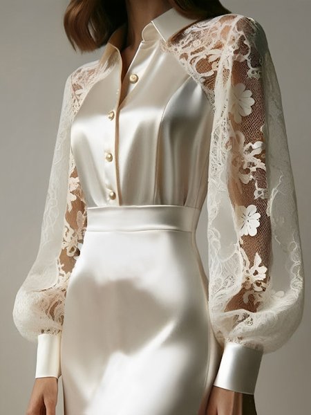 

Elegant Plain Lace Shirt Collar Raglan Sleeve Shirt, Apricot, Blouses and Shirts