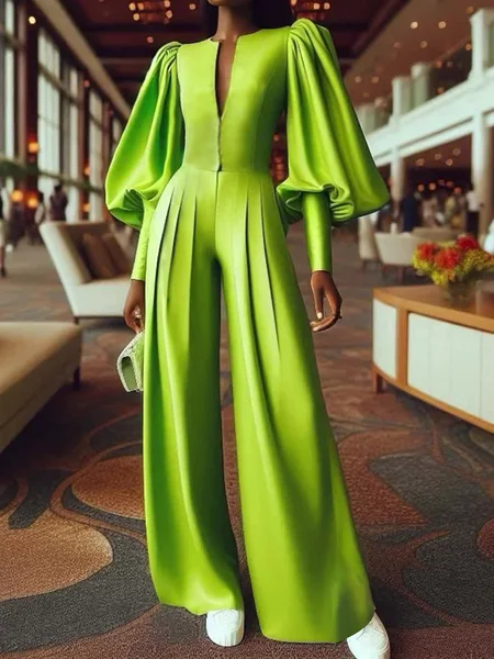 Elegant Balloon Sleeve Plain V Neck Jumpsuit, Green, Jumpsuits