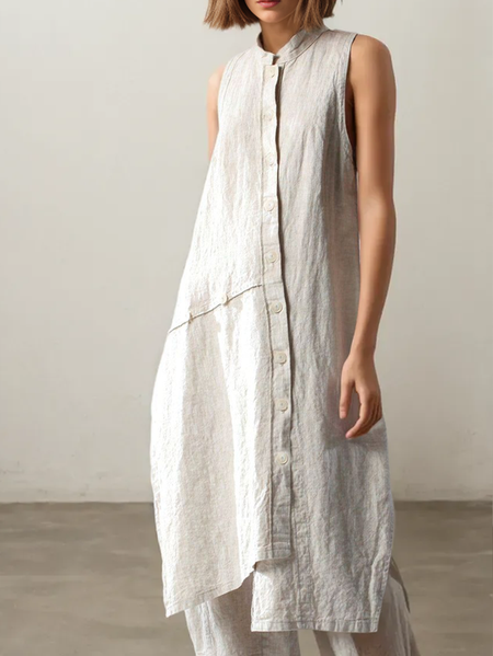 

Stand Collar Linen Loose Dress With No, White, Midi Dresses