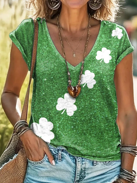 

Casual St. Patrick's Day Four-leaf Print V Neck Short Sleeve T-shirt, Green, T-shirts