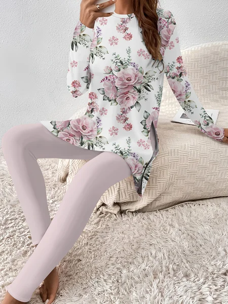 

Women's Jersey Floral Daily Going Out Two Piece Set Long Sleeve Casual Spring/Fall Top With Pants Matching Set, Pink, Suit Set