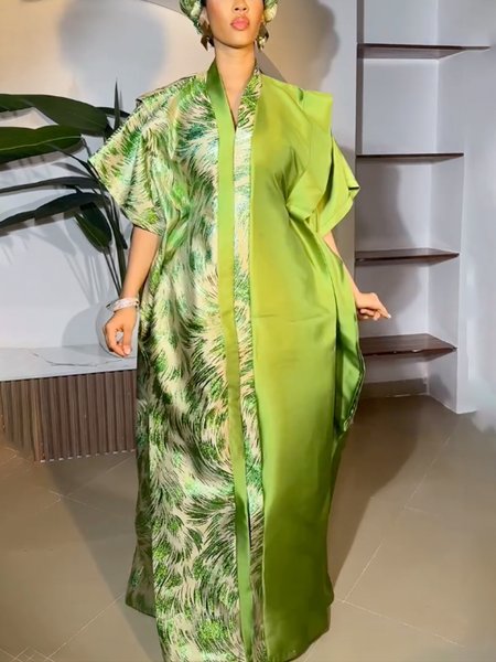 

Elegant Random Print Loosen V Neck Maxi Party Dress, Green, Maxi Dresses