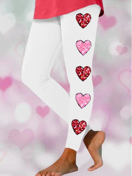 

Valentine's Day Casual Heart/Cordate Long Leggings, White, Leggings