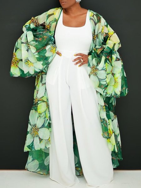 

Vacation Bell Sleeve Loose Floral Kimono, Green, Kimonos
