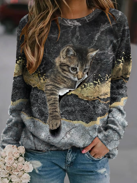 Cat Print Crew Neck Sweatshirt, Black, Hoodies&Sweatshirts