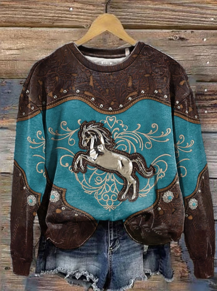 

Women's Crew Neck Horse Casual Spring/Fall Long Sleeve Sweatshirt, Blue, Sweatshirts & Hoodies
