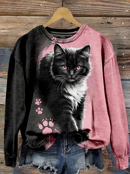 

Cat Print Crew Neck Sweatshirt, Black, Hoodies&Sweatshirts