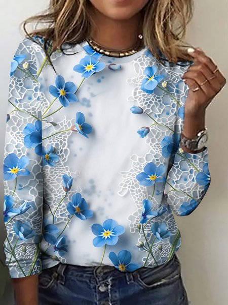 Lace floral art long sleeved T-shirt, Light blue, Long sleeves