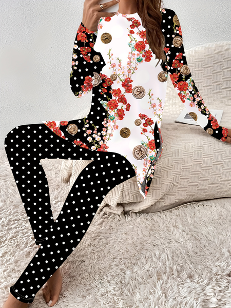 

Women's Jersey Floral Daily Going Out Two Piece Set Long Sleeve Casual Spring/Fall Top With Pants Matching Set, Black, Suit Set