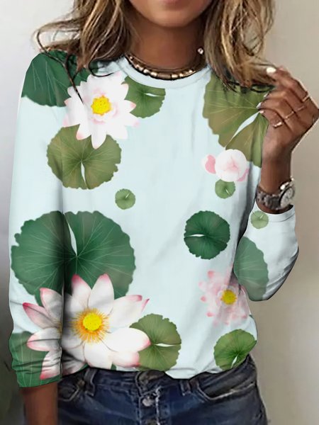 

Casual Floral Crew Neck Long Sleeve T-shirt, White, T-shirts