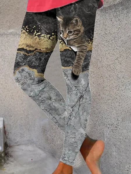 Casual Cat Long Leggings, Black, Leggings