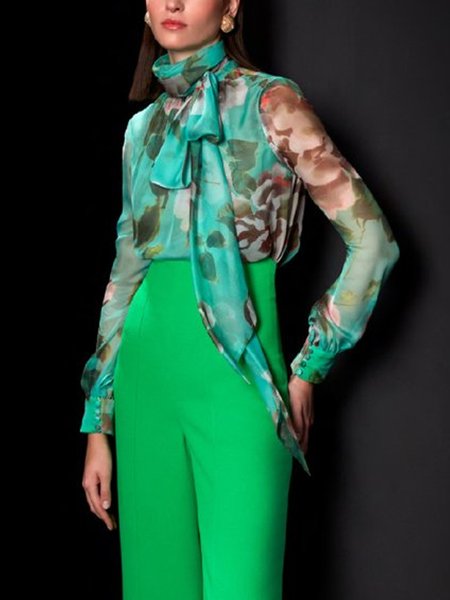 

Elegant Random Print Printing Turtleneck Blouse, Green, Blouses and Shirts