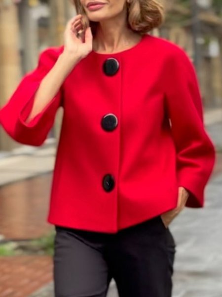 

Urban Buttoned Plain Crew Neck Jacket, Red, Jackets
