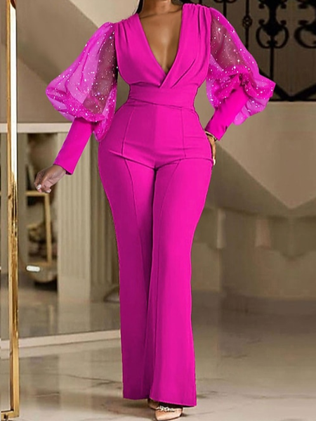 

Elegant Puff Sleeve Mesh Plain V Neck Jumpsuit, Pink, Jumpsuits