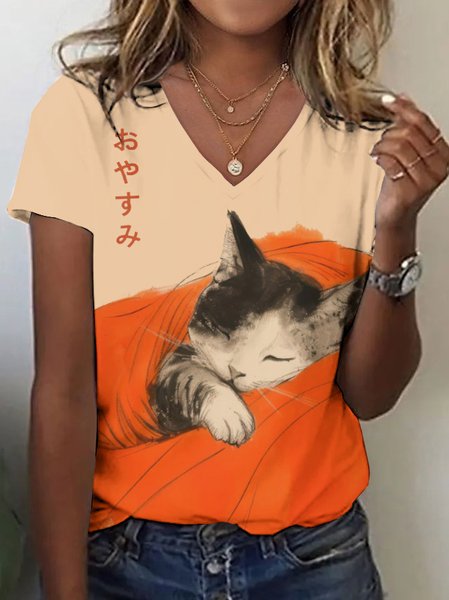 

Casual Animal V Neck Short Sleeve T-shirt, Light orange, T-shirts