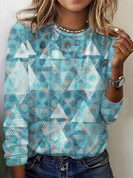 Casual Geometric Crew Neck Long Sleeve T-shirt, Lake blue, T-shirts