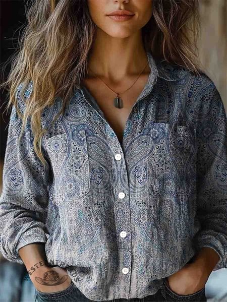 

Women's Vintage Folk Floral Art Print Long Sleeve Comfortable Cotton Shirt, Blue, Blouses