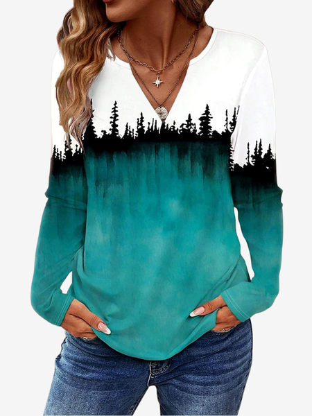 

Women's Long Sleeve Blouse Spring/Fall Abstract Jersey V Neck Daily Going Out Casual Top, Lake blue, Blouses