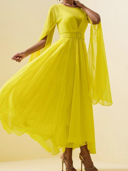 

Elegant Plain Split Sleeve Crew Neck Party Maxi Dress With Belt, Yellow, Maxi Dresses