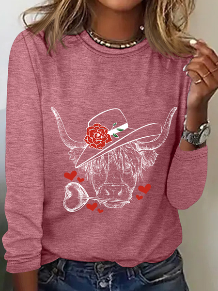 

Highland Cow Valentines Day Casual Long Sleeve Shirt, Watermelon, Long sleeves