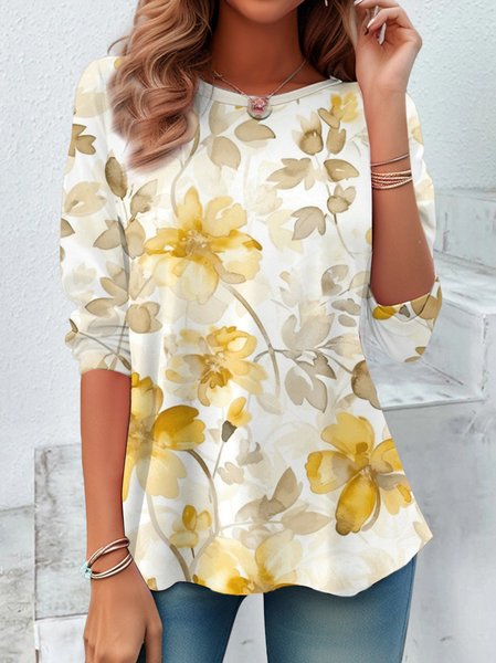 

Casual Floral Print Crew Neck Long Sleeve T-shirt, Yellow, Blouses