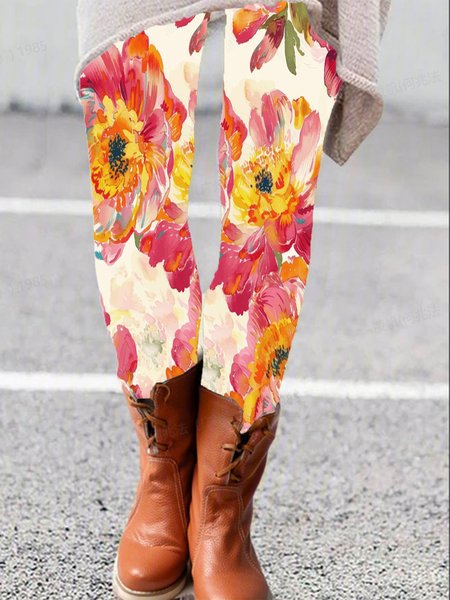 

Women's Casual Floral Jersey All Season Long Leggings, Red, Leggings