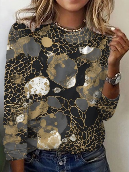 

Geometric Print Long Sleeve Crew Neck T-shirt, Black, Long sleeves