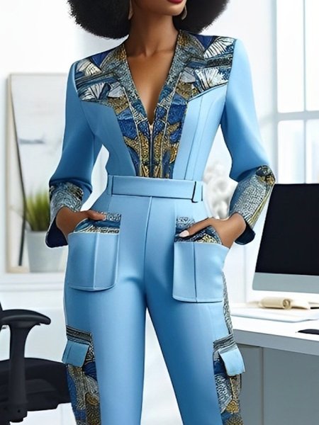 Urban Color Block V Neck Blouse, Blue, Blouses and Shirts