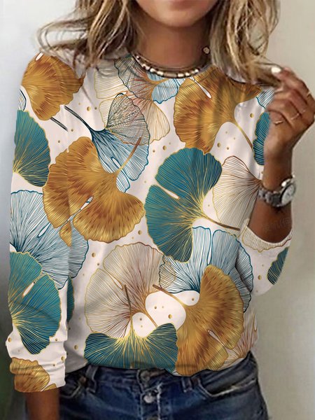 

Women's Long Sleeve Floral Tee T-shirt Spring/Fall Leaf Jersey Crew Neck Daily Going Out Casual Top, Yellow, T-Shirts